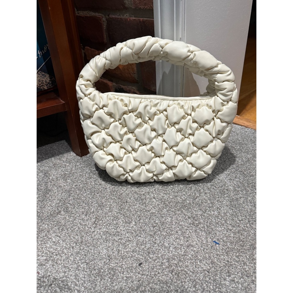 A New Day Cream White Ruched Quilted Braided Handle Hobo Handbag Bag